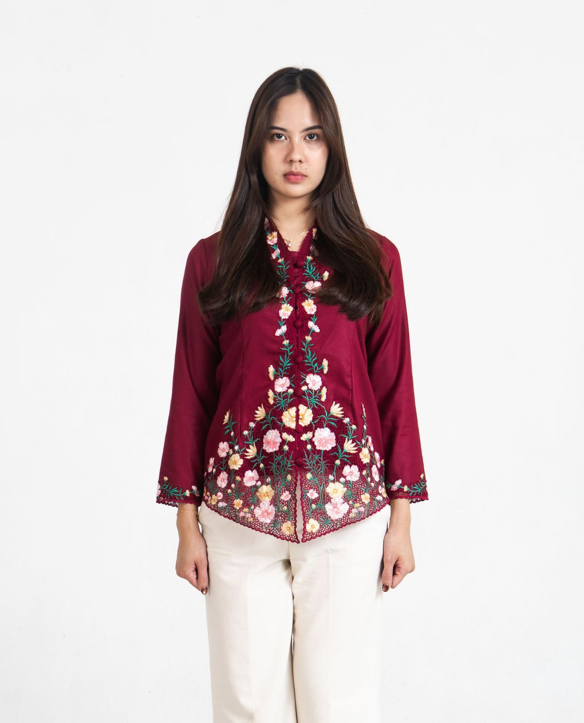 Kebaya Floral Lengan Panjang Maroon
