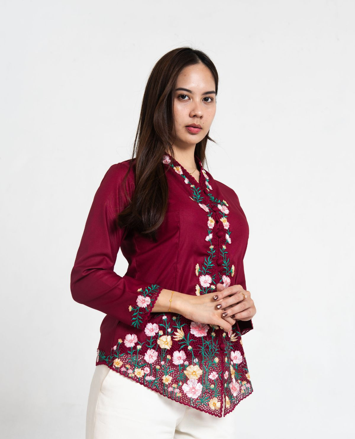 Kebaya Floral Lengan Panjang Maroon